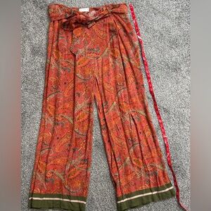 Mango Orange Paisley Wide-Leg Tie-Waist Pants